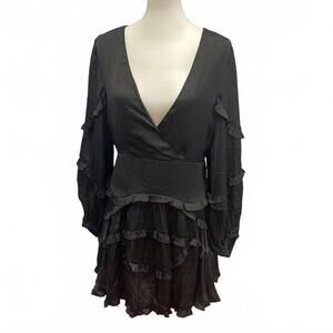NEW DB STUDIO women's long sleeve deep v ruffled goth mini formal dress in black